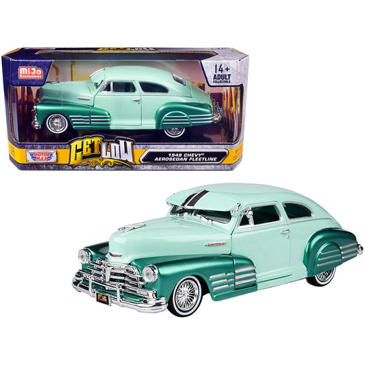 1948 Chevrolet Aerosedan Fleetside Lowrider Pastel Green and Green Metallic Two-Tone "Get Low" Series 1/24 Diecast Model Car by Motormax