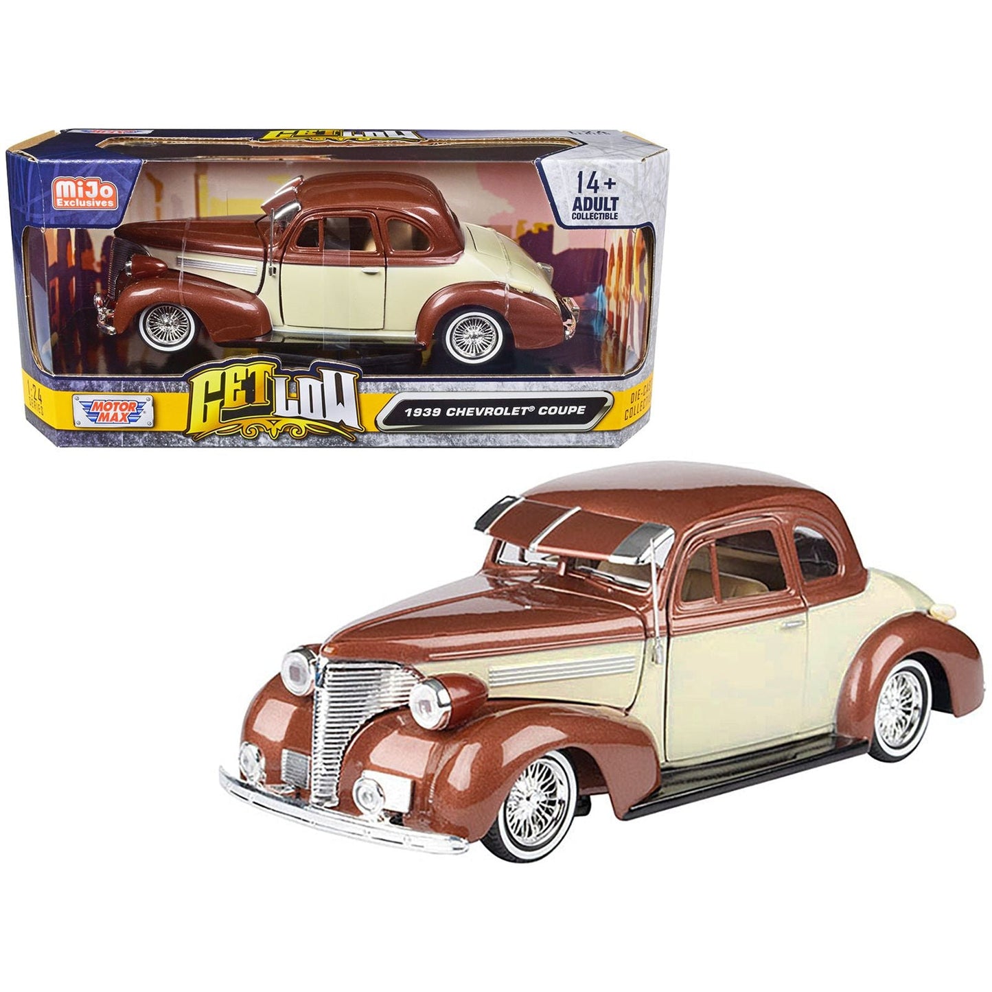 1939 Chevrolet Coupe Lowrider Beige and Brown Metallic "Get Low" Series 1/24 Diecast Model Car by Motormax