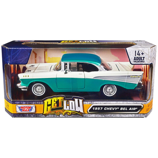 1957 Chevrolet Bel Air Lowrider Turquoise Metallic and White "Get Low" Series 1/24 Diecast Model Car by Motormax