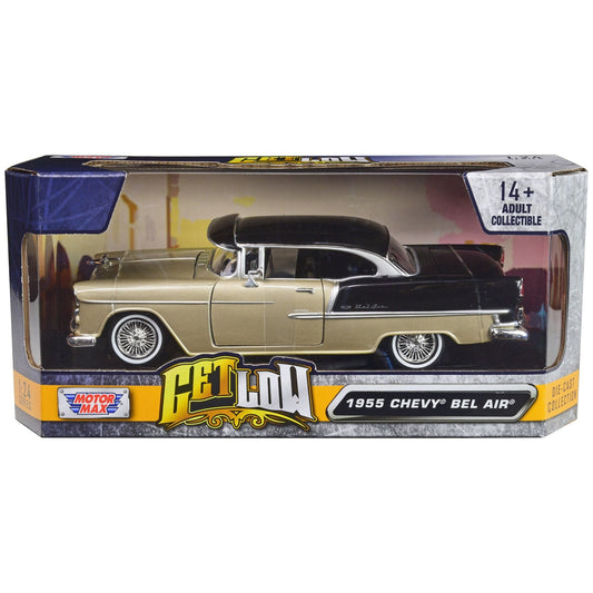 1955 Chevrolet Bel Air Lowrider Hard Top Beige Metallic and Black "Get Low" Series 1/24 Diecast Car Model by Motormax