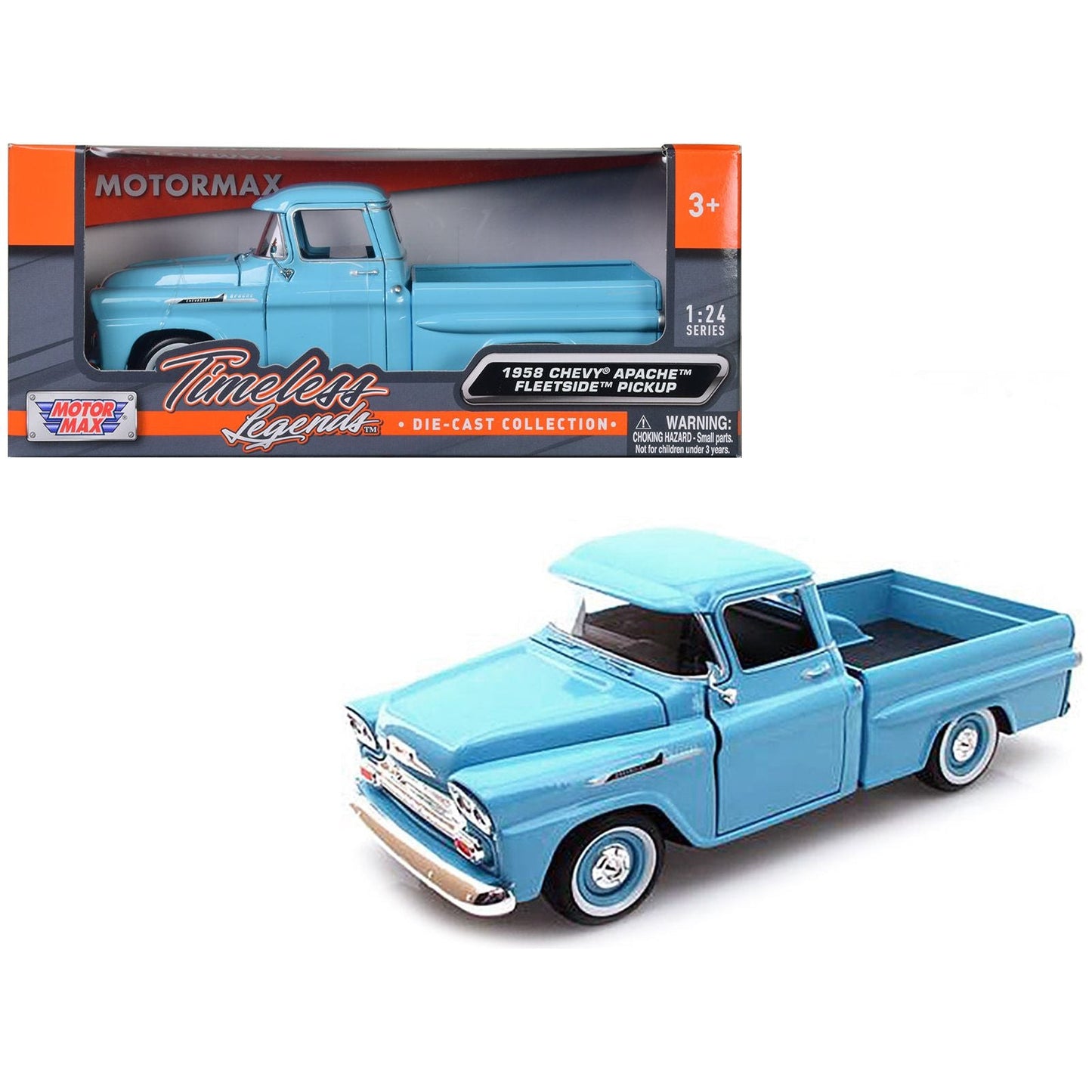 1958 Chevrolet Apache Fleetside Pickup Truck Light Blue 1/24 Diecast Model Car by Motormax