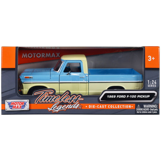 1969 Ford F-100 Pickup Truck Light Blue and Cream "Timeless Legends" Series 1/24 Diecast Model Car by Motormax