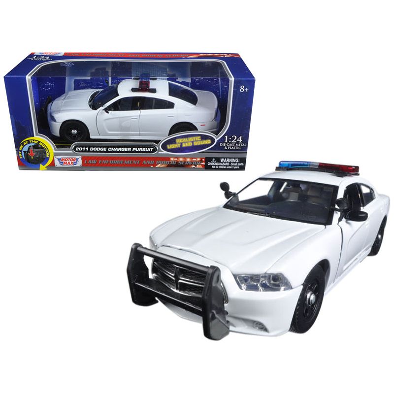 2011 Dodge Charger Pursuit Police Car White with Flashing Light Bar, Front and Rear Lights and 2 Sounds 1/24 Diecast Model Car  by Motormax