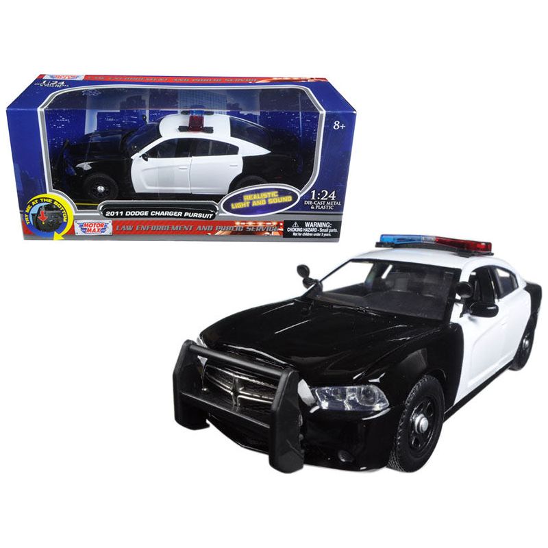 2011 Dodge Charger Pursuit Police Car Black and White with Flashing Light Bar and Front and Rear Lights and 2 Sounds 1/24 Diecast Model Car by Motormax