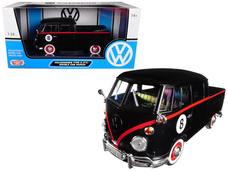 Volkswagen Type 2 (T1) Double Cab Pickup #8 Matt Black 1/24 Diecast Car Model by Motormax