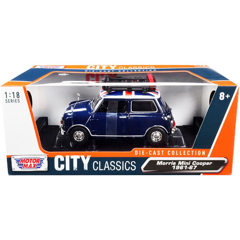 1961-1967 Morris Mini Cooper RHD (Right Hand Drive) Dark Blue with British Flag on the Top and Roof Rack "City Classics" Series 1/18 Diecast Model Car by Motormax