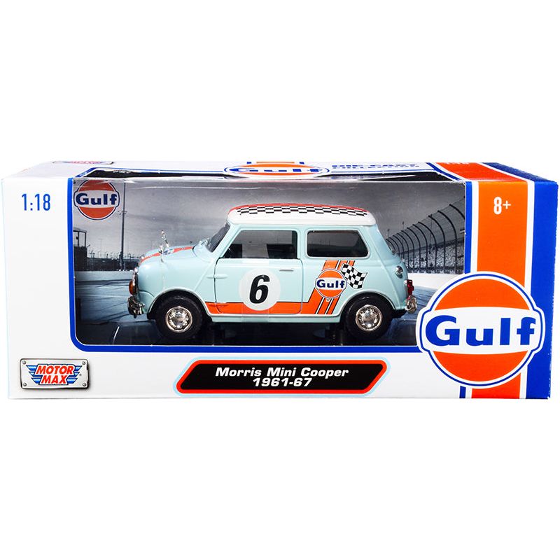 1961-1967 Morris Mini Cooper RHD (Right Hand Drive) #6 "Gulf Oil" Light Blue with Orange Stripes and Checkered Top "City Classics" Series 1/18 Diecast Model Car by Motormax