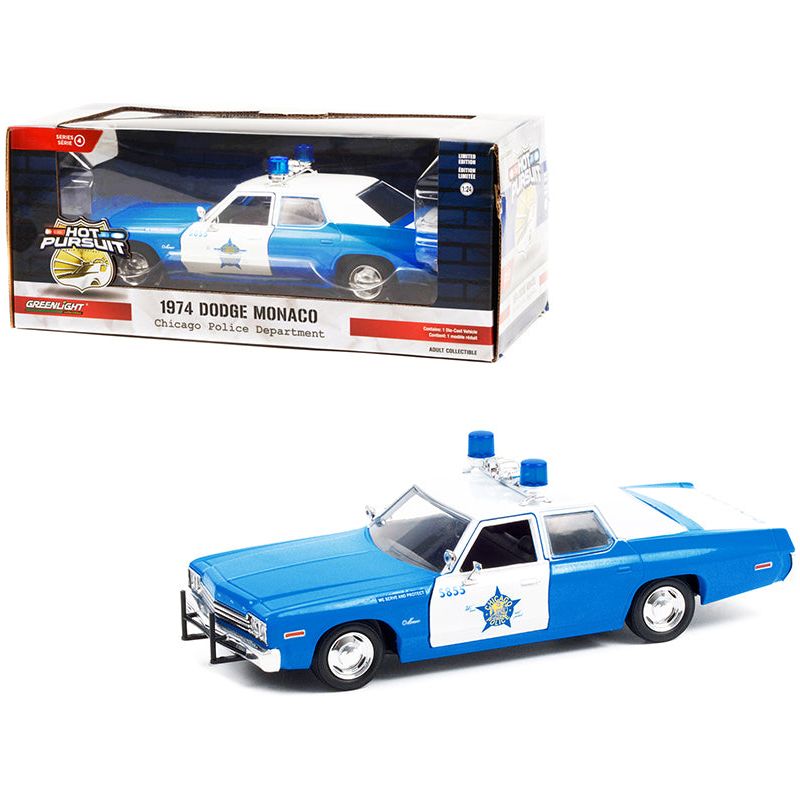 1974 Dodge Monaco Blue and White CPD "Chicago Police Department" (Illinois) "Hot Pursuit" Series 1/24 Diecast Model Car by Greenlight