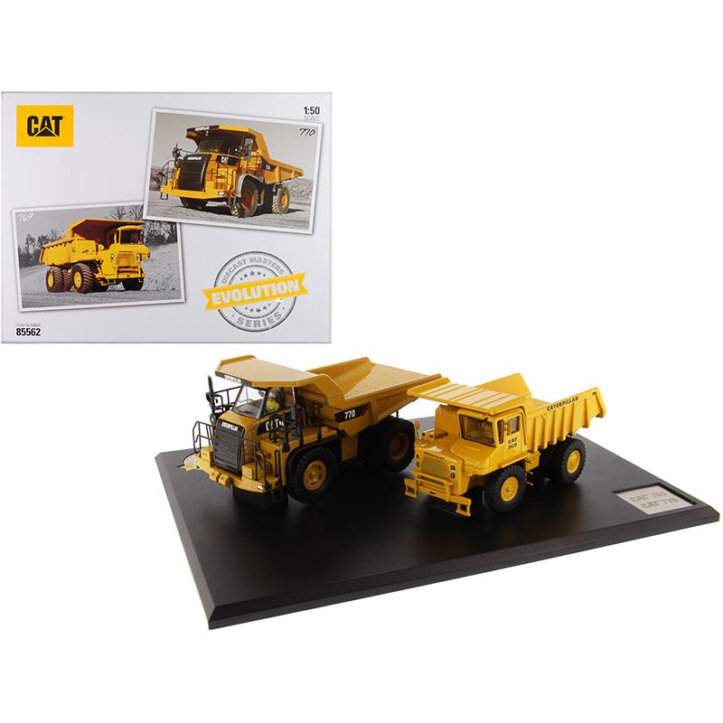 CAT Caterpillar 769 Off-Highway Truck (1963-2006) and CAT Caterpillar 770 Off-Highway Truck (2007-Present) with Operators "Evolution Series" Set of 2 pieces 1/50 Diecast Models by Diecast Masters