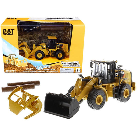 CAT Caterpillar 950M Wheel Loader with Bucket and Log Fork with Two Log Poles "Play & Collect!" 1/64 Diecast Model by Diecast Masters