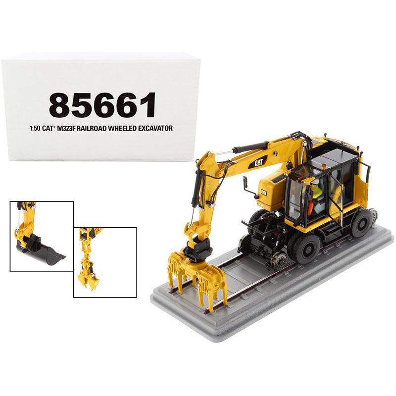 CAT Caterpillar M323F Railroad Wheeled Excavator with Operator and 3 Work Tools Safety Yellow Version "High Line Series" 1/50 Diecast Model by Diecast Masters