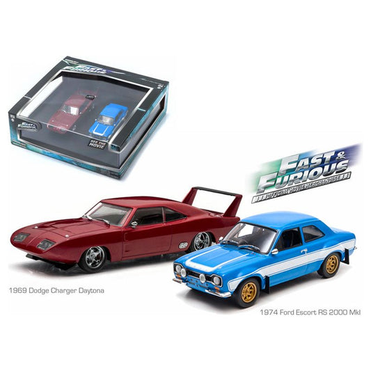 1969 Dodge Charger Daytona and 1974 Ford Escort RS 2000 Mkl "The Fast and The Furious" Movie Set of 2 pieces 1/43 Diecast Model Cars by Greenlight