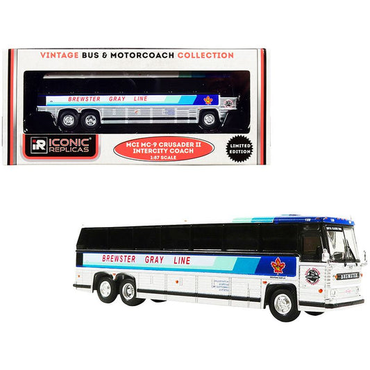 1980 MCI MC-9 Crusader II Intercity Coach Bus "Brewster Gray Line" (Canada) White and Silver with Stripes "Vintage Bus & Motorcoach Collection" 1/87 (HO) Diecast Model by Iconic Replicas