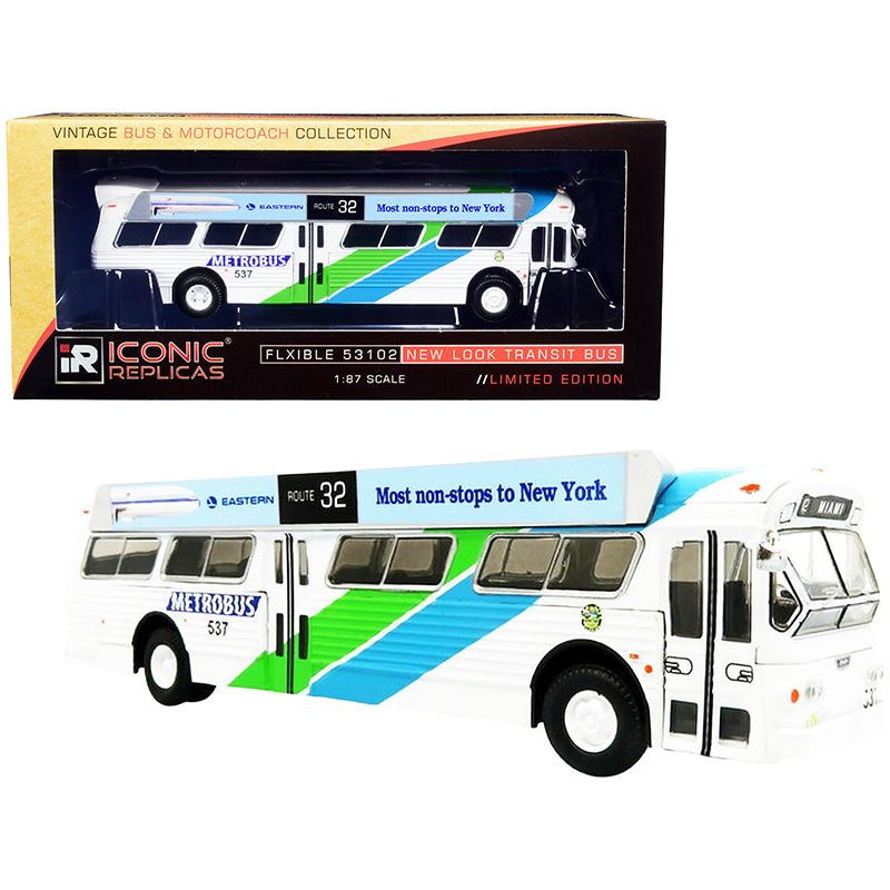 Flxible 53102 Transit Bus #32 "Miami" Metrobus (Florida) with Bus-O-Rama Boards "Eastern Airlines" White with Green and Blue Stripes "Vintage Bus & Motorcoach Collection" 1/87 (HO) Diecast Model by Iconic Replicas