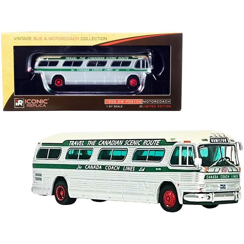 1959 GM PD4104 Motorcoach Bus "Hamilton" "Canada Coach Lines" Silver and Cream with Green Stripes "Vintage Bus & Motorcoach Collection" 1/87 (HO) Diecast Model by Iconic Replicas