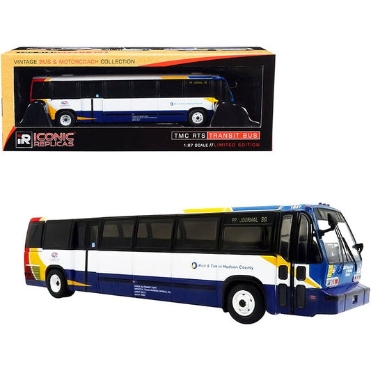 1999 TMC RTS Transit Bus #99 Journal Square Coach USA "Red & Tan in Hudson County" (New Jersey) White and Blue with Red and Yellow Stripes "The Vintage Bus & Motorcoach Collection" 1/87 (HO) Diecast Model by Iconic Replicas