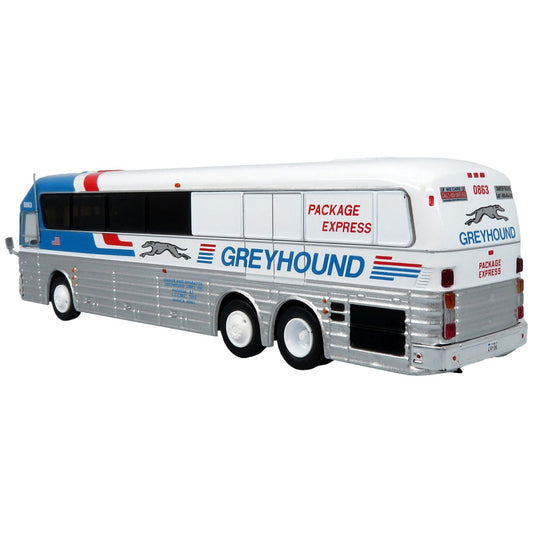 1984 Eagle Model 10 Motorcoach Bus "Greyhound Package Express" White and Blue "Vintage Bus & Motorcoach Collection" Limited Edition to 504 pieces Worldwide 1/87 (HO) Diecast Model by Iconic Replicas