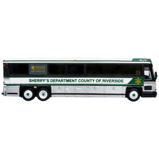 2001 MCI D4000 Coach Bus "Sheriff's Department County of Riverside" White and Green "Vintage Bus & Motorcoach Collection" Limited Edition to 504 pieces Worldwide 1/87 (HO) Diecast Model by Iconic Replicas