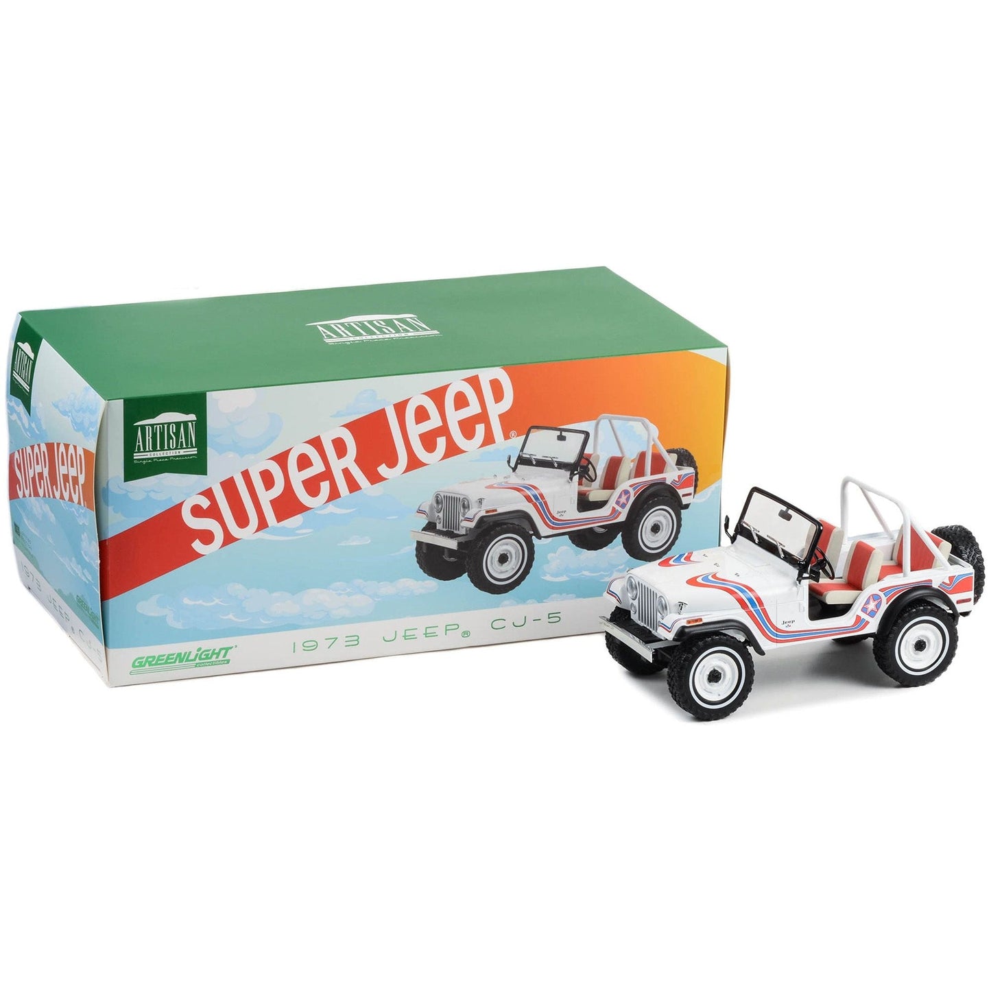 1973 Jeep CJ-5 "Super Jeep" White with Red and Blue Graphics "Artisan Collection" Series 1/18 Diecast Model Car by Greenlight