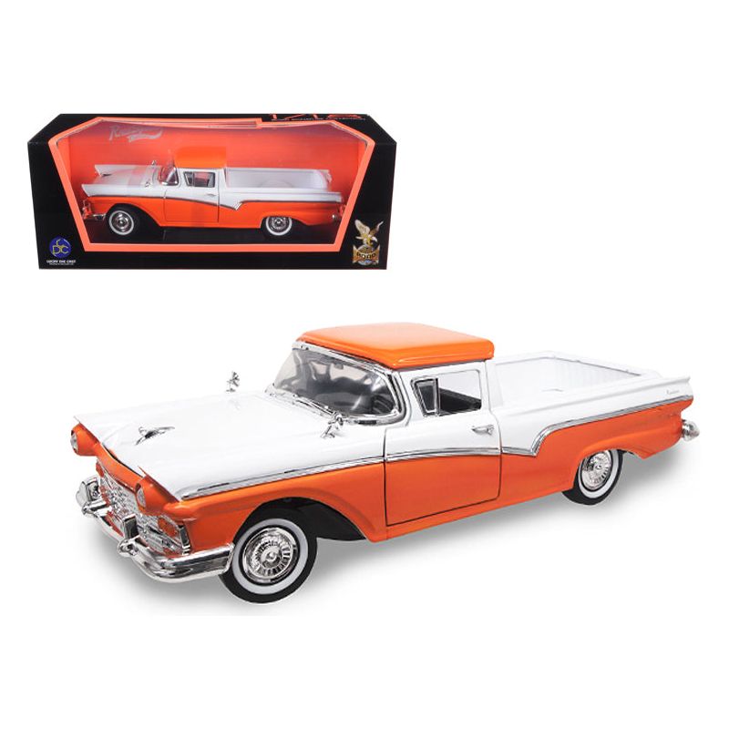 1957 Ford Ranchero Pickup Orange and White 1/18 Diecast Model Car by Road Signature