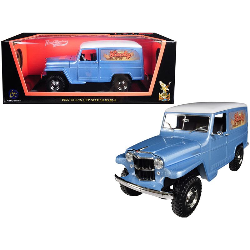 1955 Willys Jeep Station Wagon Silver Blue with White Top "Lucky" 1/18 Diecast Model Car by Road Signature