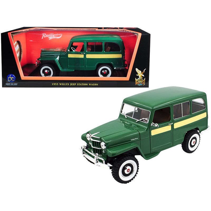 1955 Willys Jeep Station Wagon Green with Yellow Stripes 1/18 Diecast Model Car by Road Signature