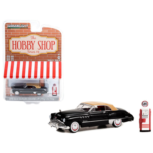 1949 Buick Roadmaster Convertible Black with Tan Soft Top and Vintage Gas Pump "The Hobby Shop" Series 14 1/64 Diecast Model Car by Greenlight