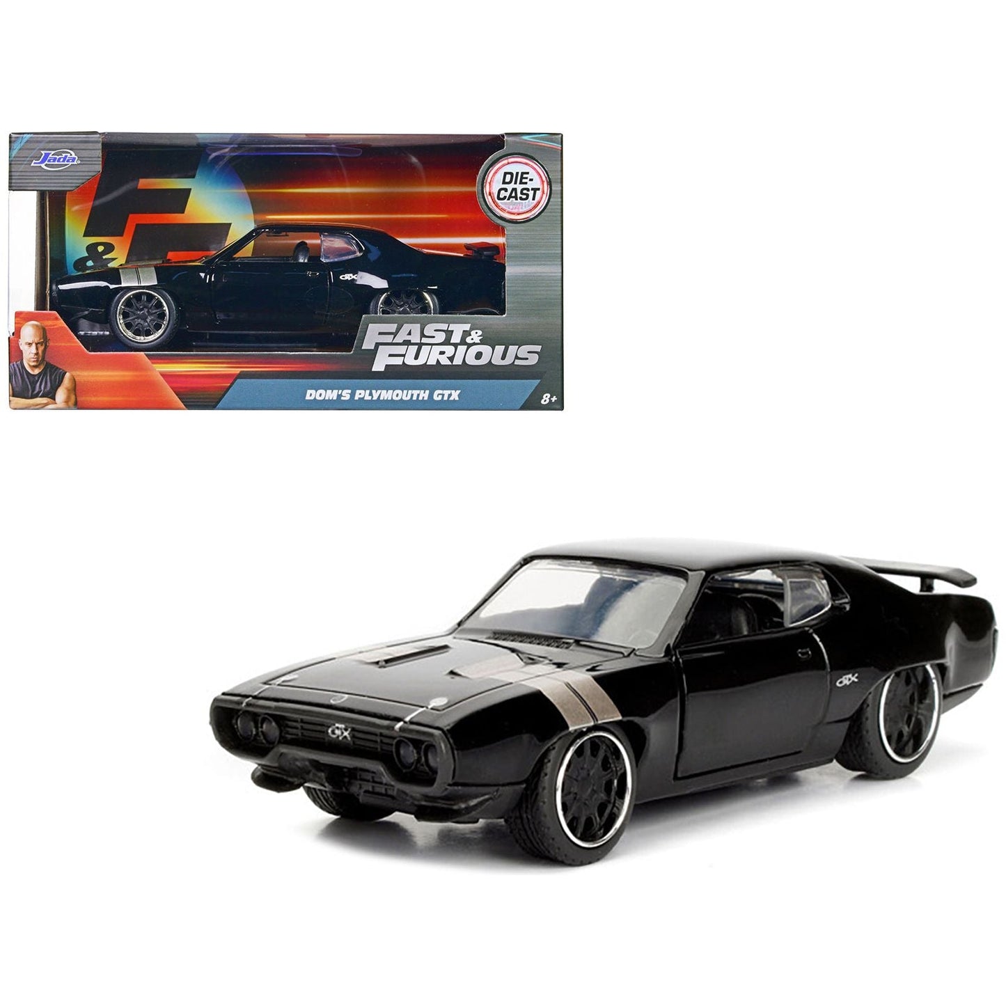 Dom's Plymouth GTX Black with Silver Stripes Fast & Furious F8 "The Fate of the Furious" Movie 1/32 Diecast Model Car by Jada