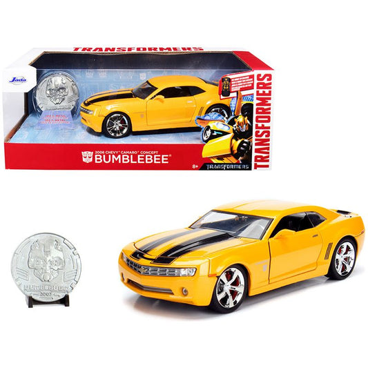 2006 Chevrolet Camaro Concept Yellow Bumblebee with Robot on Chassis and Collectible Metal Coin "Transformers" Movie 1/24 Diecast Model Car by Jada