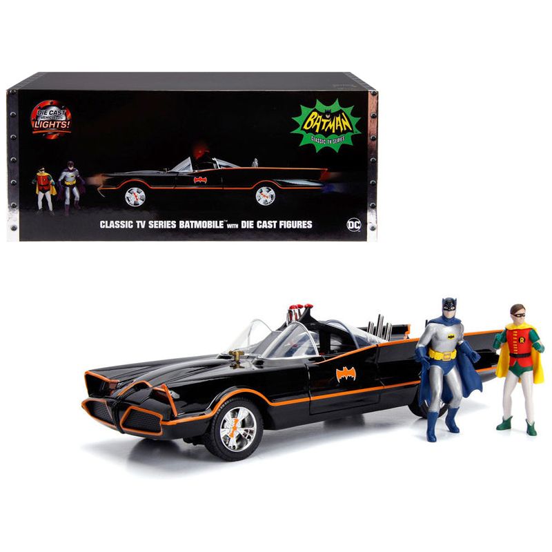 Classic TV Series Batmobile with Working Lights, and Diecast Batman and Robin Figures "80 Years of Batman" 1/18 Diecast Model Car by Jada