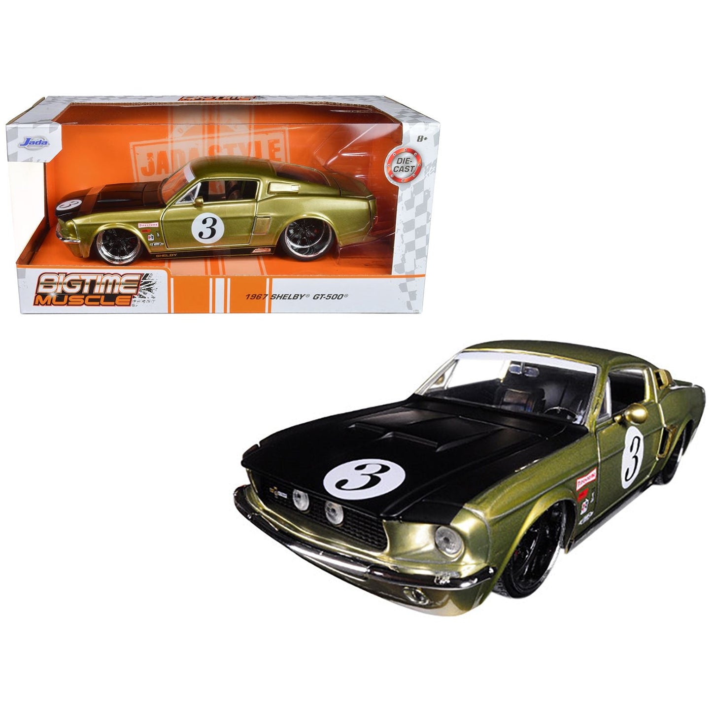 1967 Ford Shelby GT-500 #3 Gold with Matt Black Hood "Big Time Muscle" 1/24 Diecast Model Car by Jada