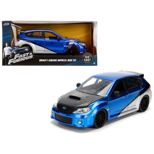 Brian's Subaru Impreza WRX STI Blue and Silver with Carbon Hood "Fast & Furious" Movie 1/24 Diecast Model Car by Jada