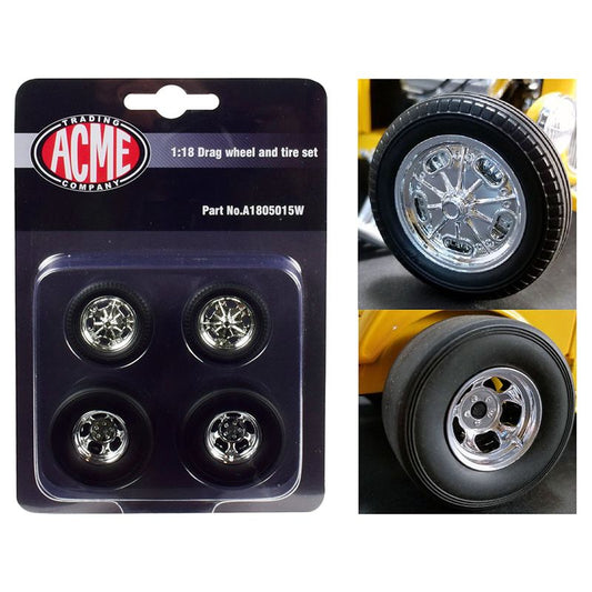 Chrome Drag Wheel and Tire Set of 4 pieces from "1932 Ford 3 Window" 1/18 by Acme