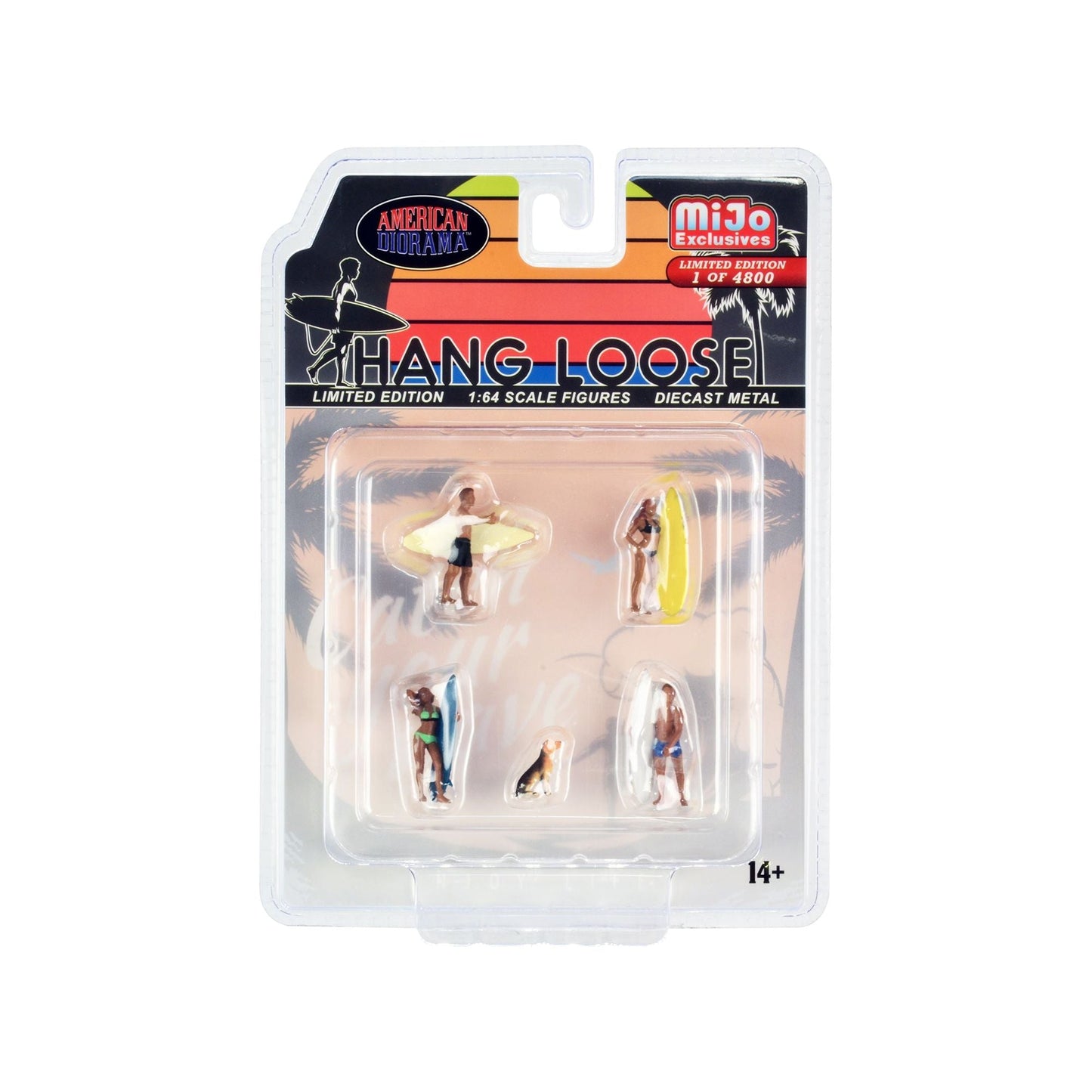 "Hang Loose" 5 piece Diecast Set (4 Surfer Figures and 1 Dog) Limited Edition to 4800 pieces Worldwide for 1/64 Scale Models by American Diorama