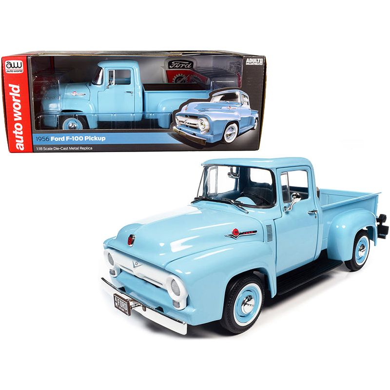 1956 Ford F-100 Mild Custom Pickup Truck Diamond Blue 1/18 Diecast Model Car by Auto World