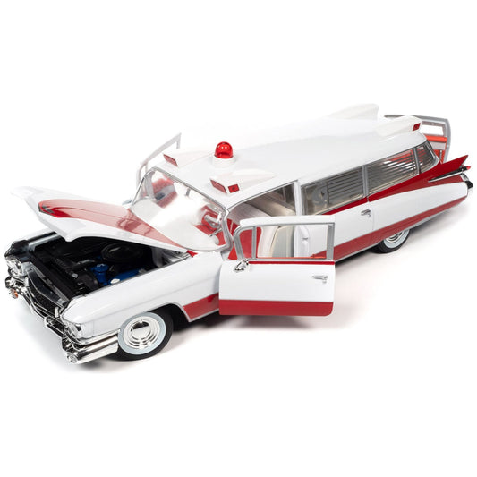 1959 Cadillac Eldorado Ambulance Red and White 1/18 Diecast Model by Auto World