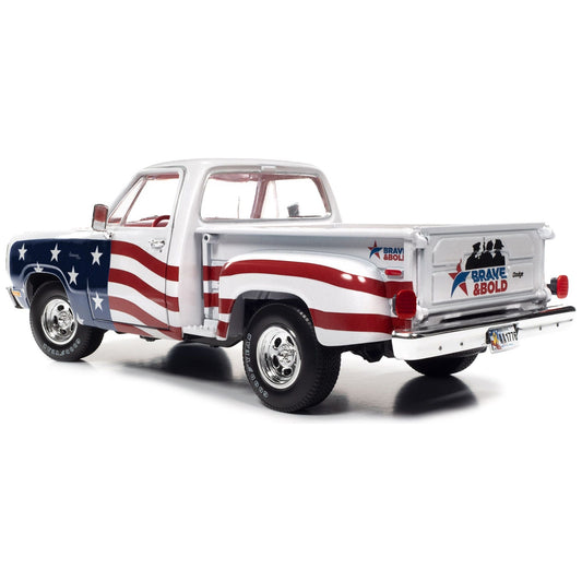 1980 Dodge D150 Adventurer Pickup Truck White with American Flag Graphics and Red Interior 1/18 Diecast Model Car by Auto World