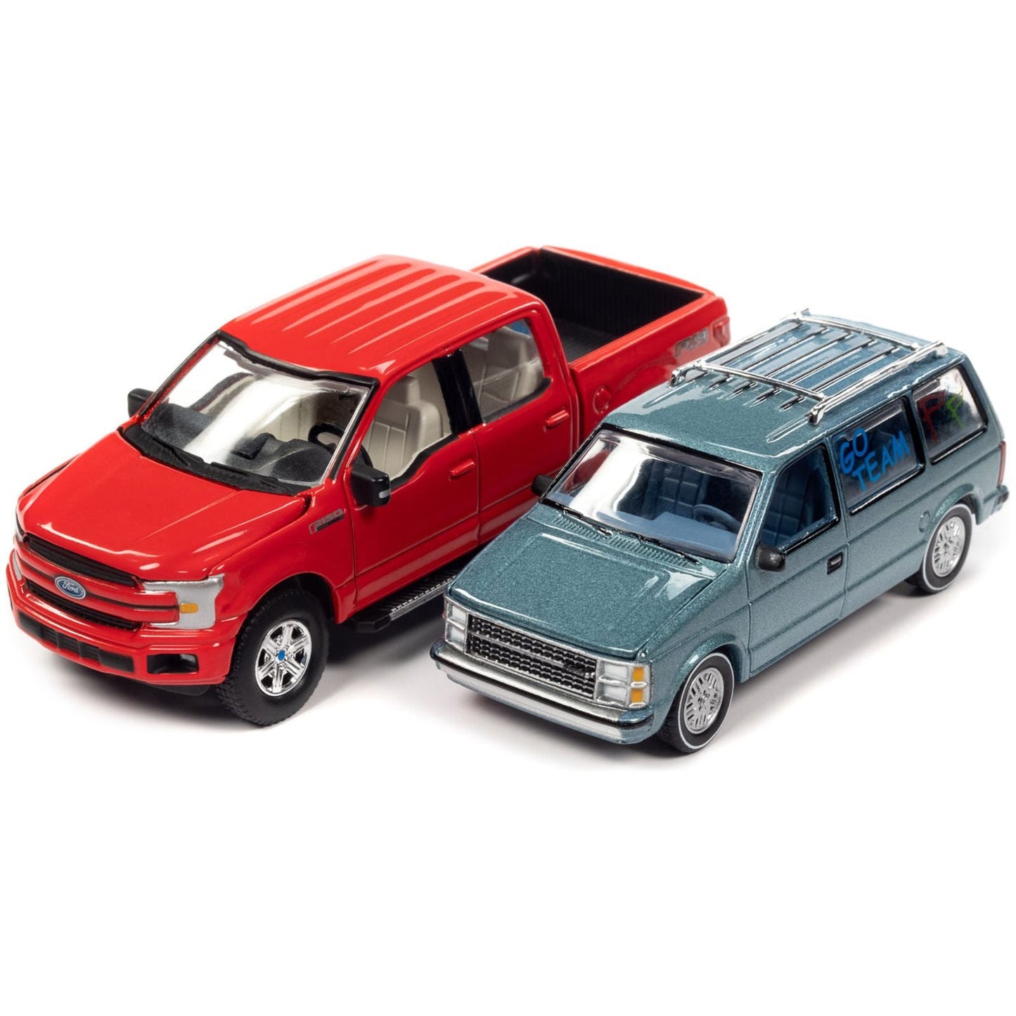 2018 Ford F-150 Pickup Truck Red and 1984 Dodge Caravan Minivan Blue Metallic "World's Best Mom and Dad" Set of 2 Pieces 1/64 Diecast Model Cars by Auto World