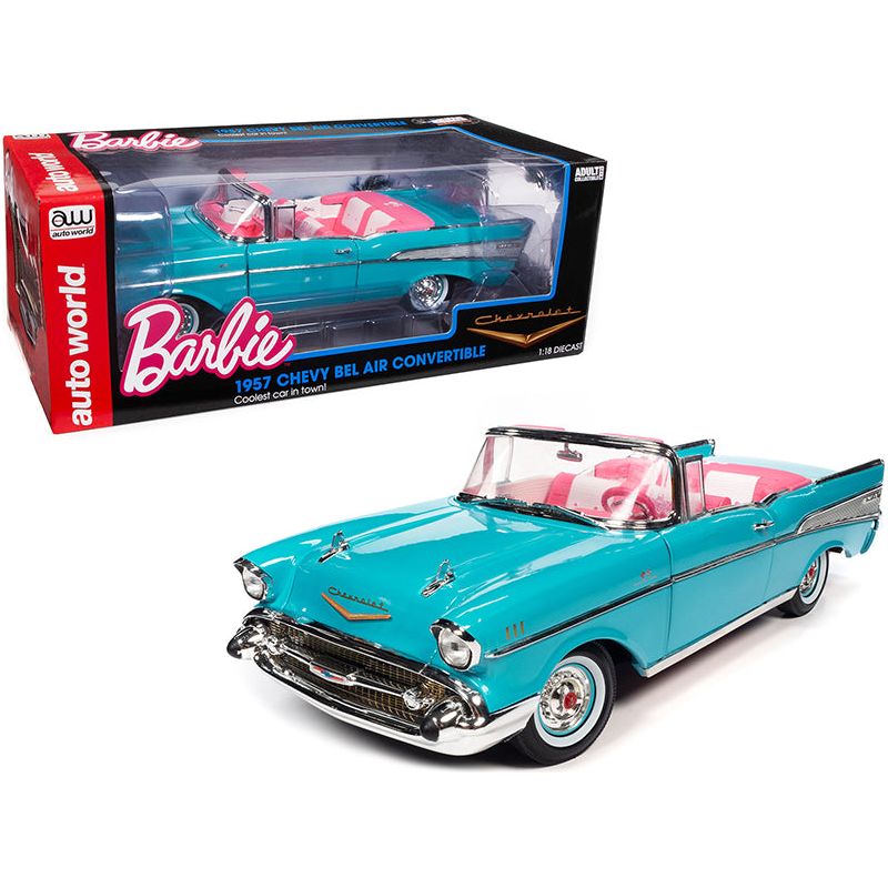 1957 Chevrolet Bel Air Convertible Aqua Blue with Pink Interior "Barbie" "Silver Screen Machines" 1/18 Diecast Model Car by Auto World