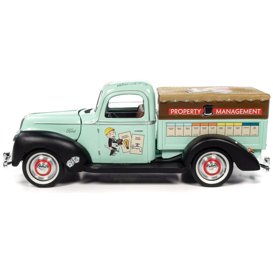 1940 Ford Pickup Truck "Property Management" Light Green with Graphics and Mr. Monopoly Construction Resin Figure "Monopoly" 1/18 Diecast Model Car by Auto World