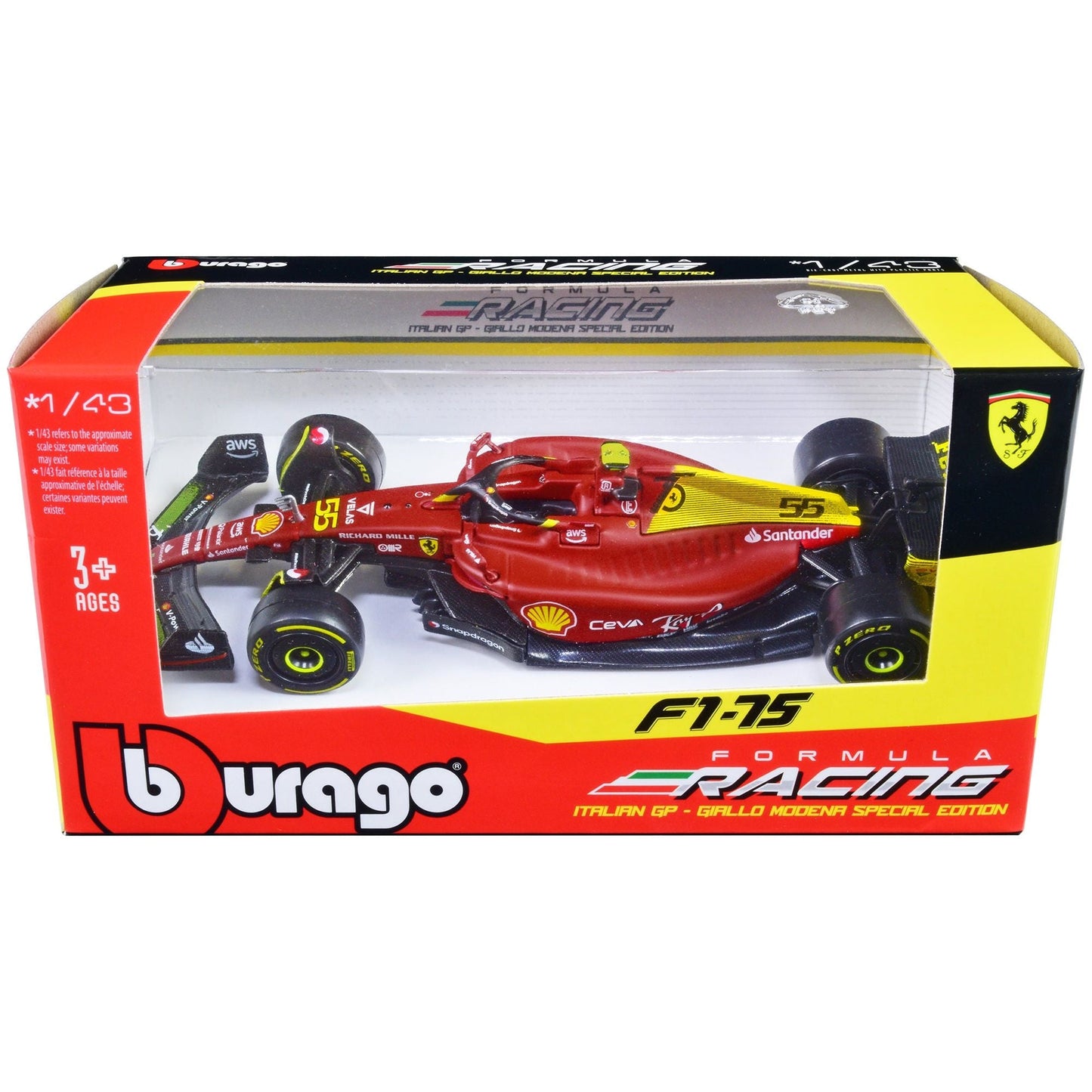 Ferrari F1-75 #55 Carlos Sainz "Giallo Modena" Formula One F1 Italian GP (2022) "Formula Racing" Series 1/43 Diecast Model Car by Bburago