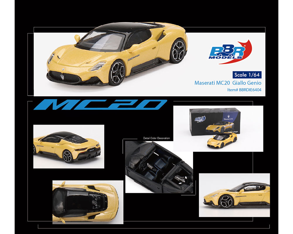 Maserati MC20 Giallo Genio Yellow with Black Top 1/64 Diecast Model Car by BBR