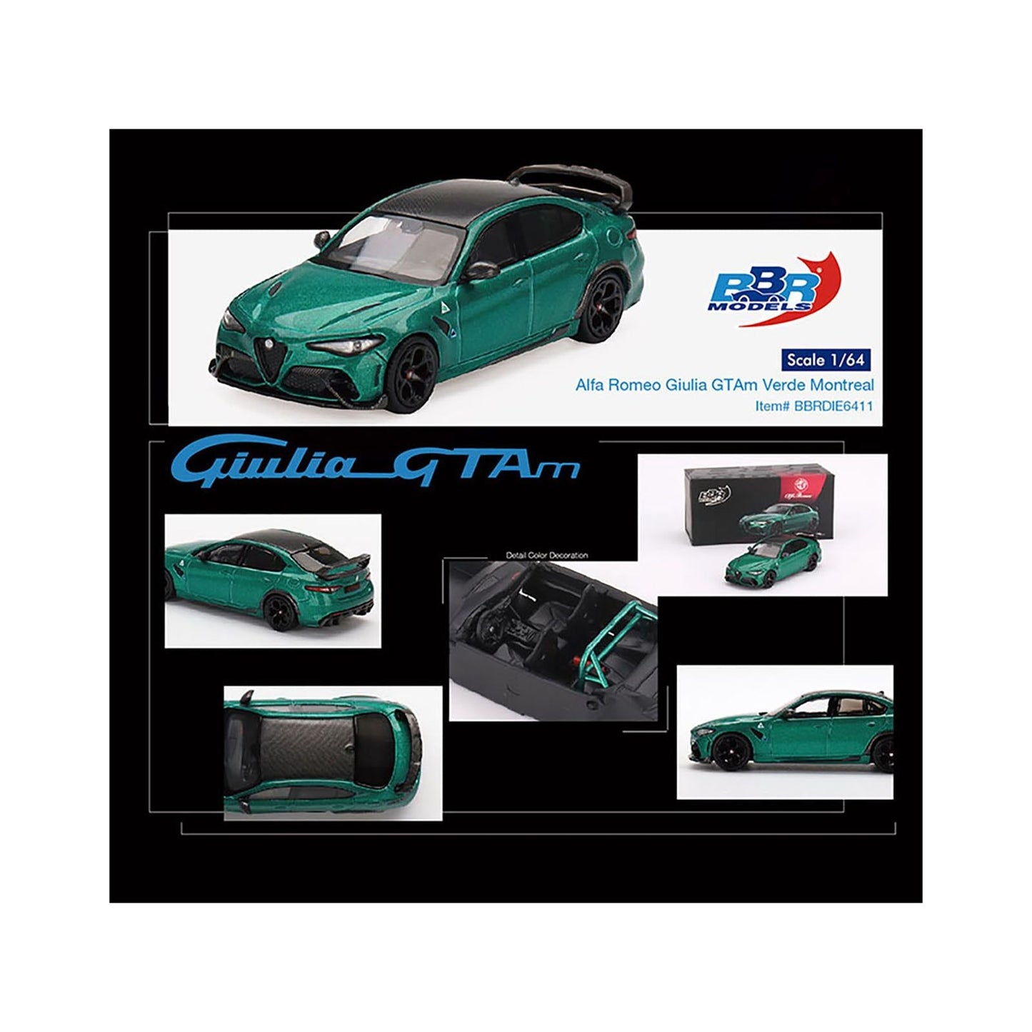 Alfa Romeo Giulia GTAm Verde Montreal Green Metallic with Carbon Top 1/64 Diecast Model Car by BBR