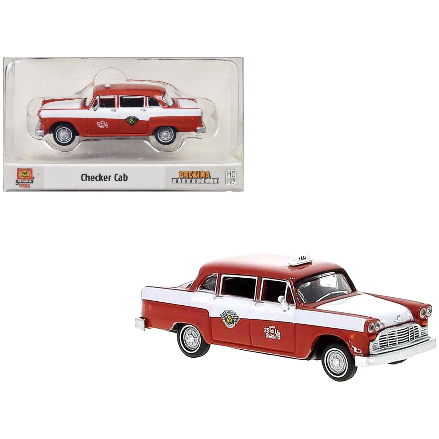 1974 Checker Cab Red and White "Kalamazoo" 1/87 (HO) Scale Model Car by Brekina