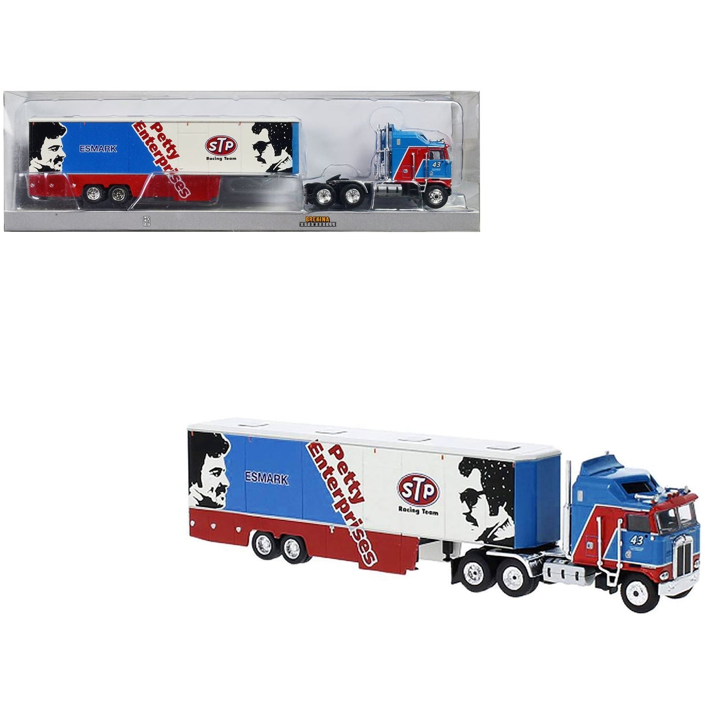 1980 Kenworth K-100 COE Aerodyne Transporter Blue and Red "STP Racing Team - Petty Enterprises" 1/87 (HO) Scale Model Car by Brekina