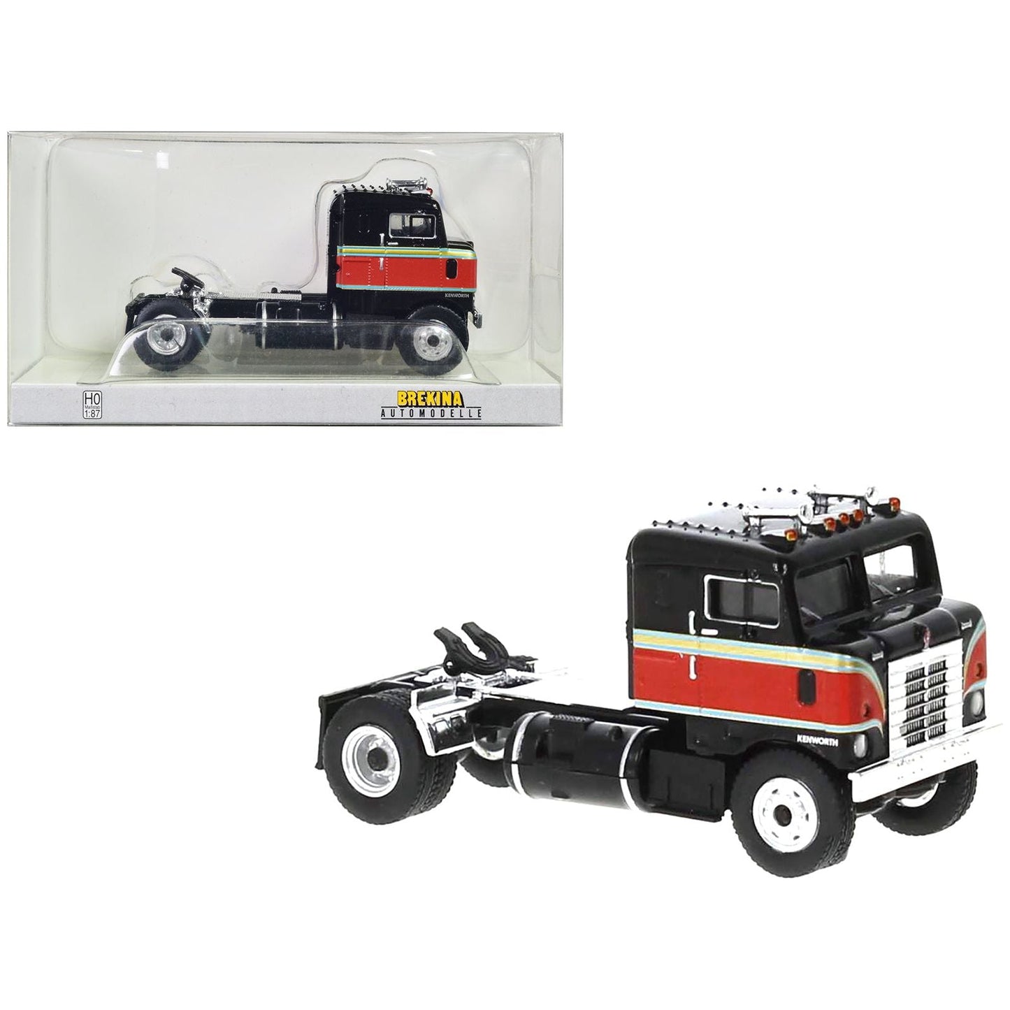 1950 Kenworth Bullnose Truck Tractor Black with Red Stripes 1/87 (HO) Scale Model Car by Brekina