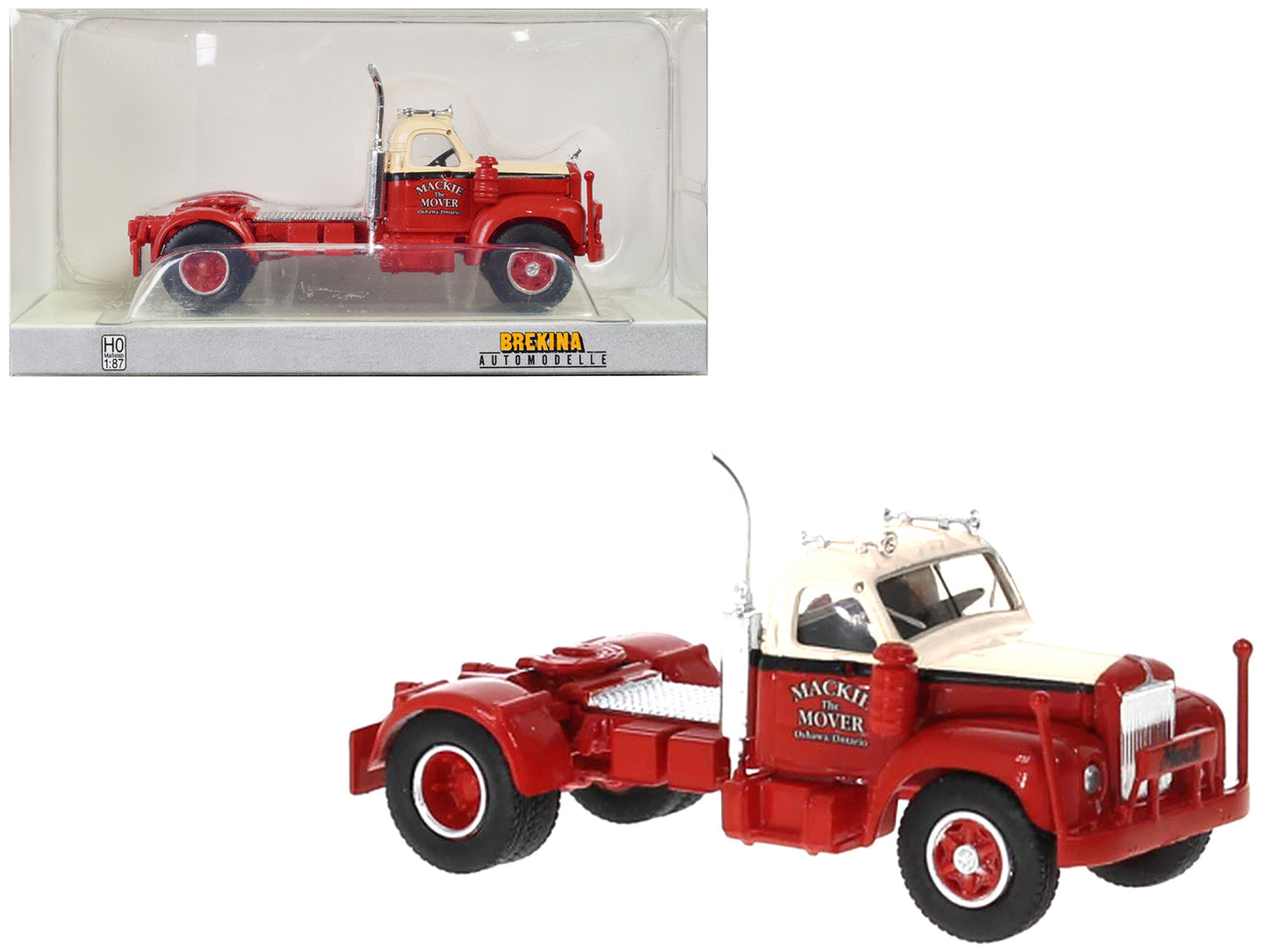 1953 B-61 Truck Tractor Red and Beige "Mackie the Mover" 1/87 (HO) Scale Model Car by Brekina