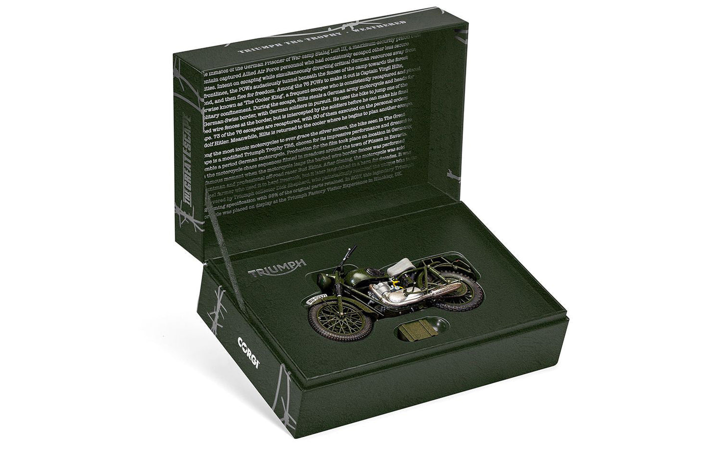 Triumph TR6 Trophy Motorcycle Dark Green (Weathered) "The Great Escape" (1963) Movie Diecast Model by Corgi