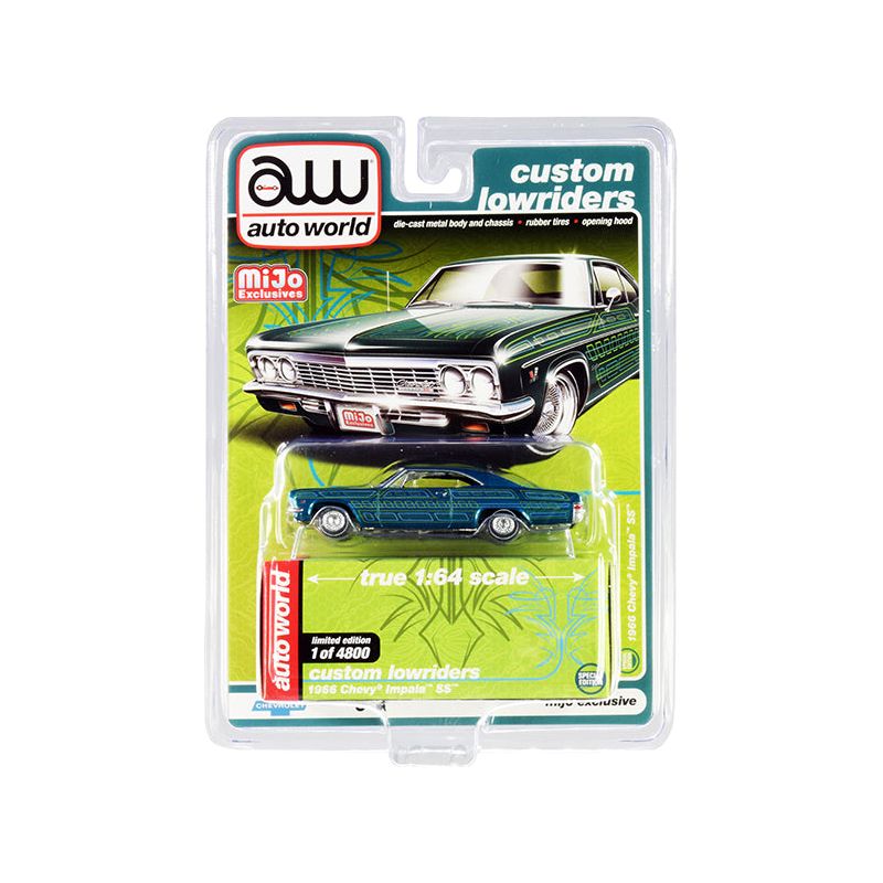 1966 Chevrolet Impala SS Blue Metallic with Graphics "Custom Lowriders" Limited Edition to 4800 pieces Worldwide 1/64 Diecast Model Car by Auto World