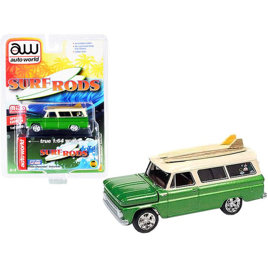 1965 Chevrolet Suburban Green Metallic and Cream with Two Surfboards "Surf Rods" Limited Edition to 3600 pieces Worldwide 1/64 Diecast Model Car by Auto World